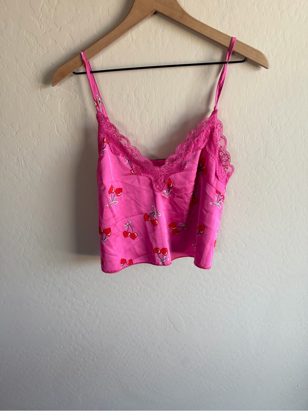 Pink Cherry Bows Lace Satin Cami Size M 90s Y2K Barbiecore Coquette Whimsy Fairy - Picture 2 of 5